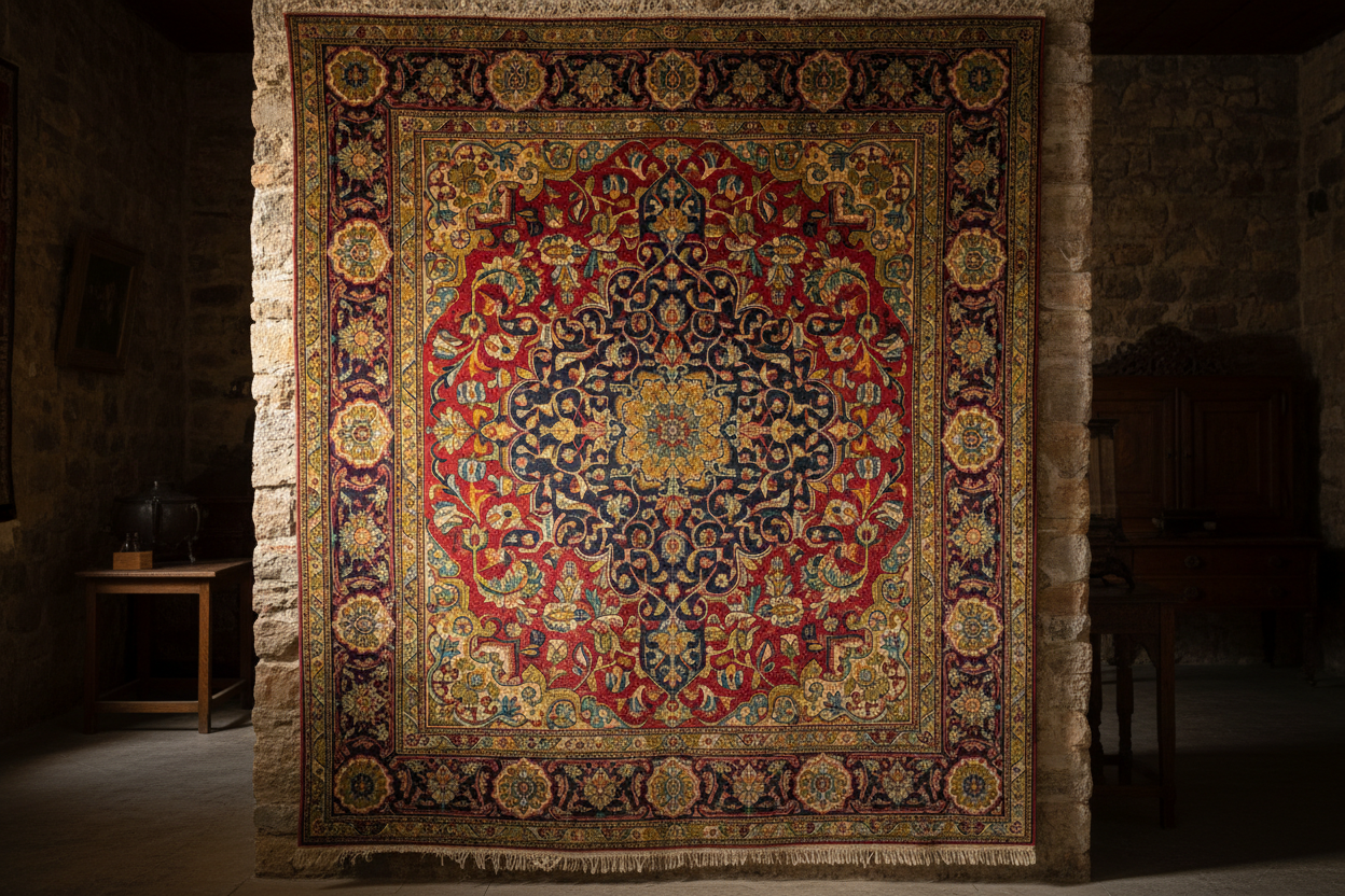 eskilere dayanan bir iran halısı duvara asılan türden bazı tişörtlerin arkasındada kullanılıyor o iran halısından istiyorum